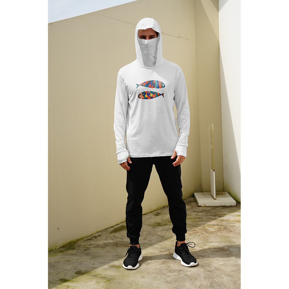 Men Fish Print Fishing Hoodie  - Fishing Mask Sun Protection 评论和价格